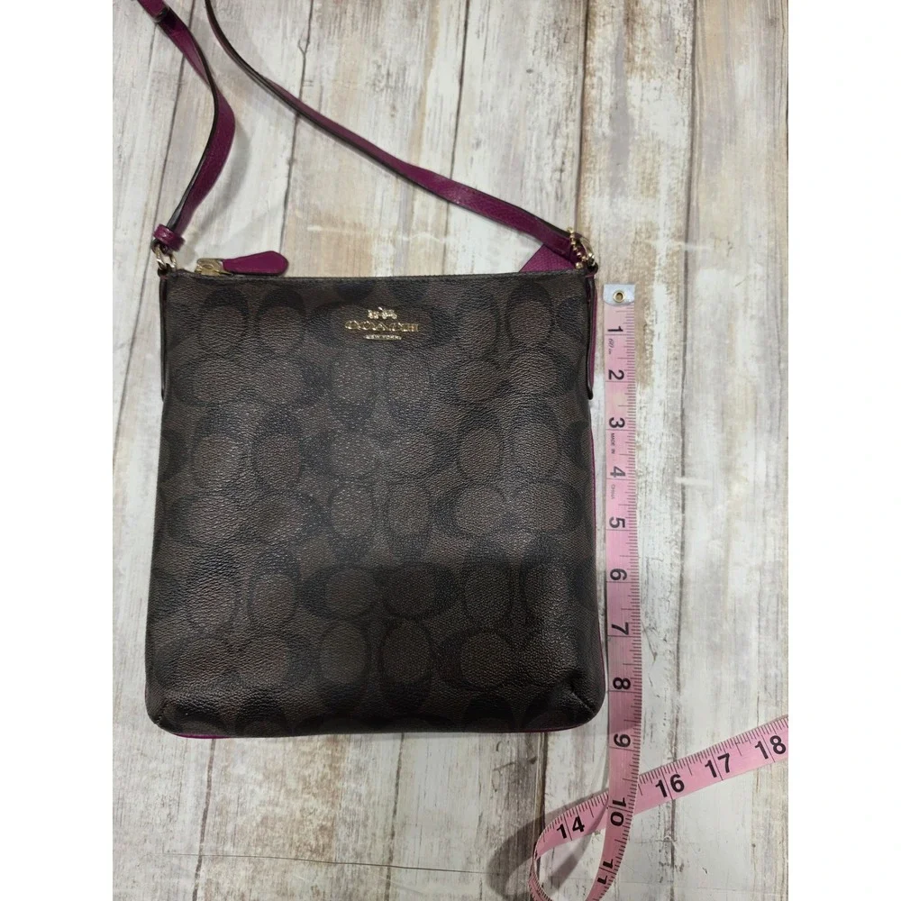 Coach North South Crossbody Bag Signature Canvas‎ Brown Magenta  File Purse